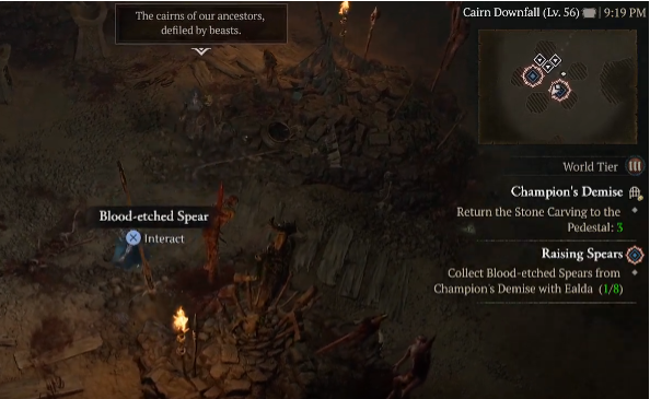 Collect Blood-etched Spears from Champion's Demise with Ealda - Diablo 4