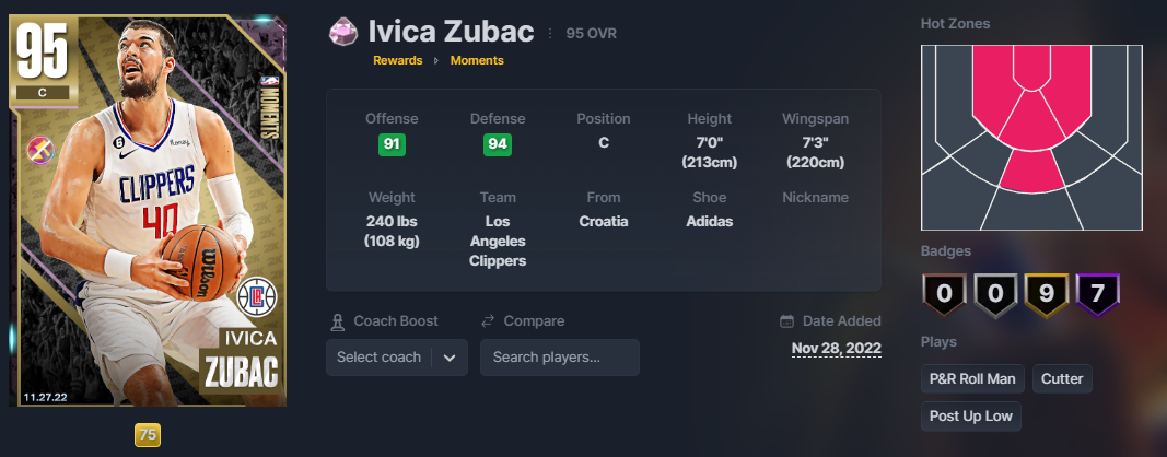 NBA 2K24 Ivica Zubac Pink Diamond Moments Card