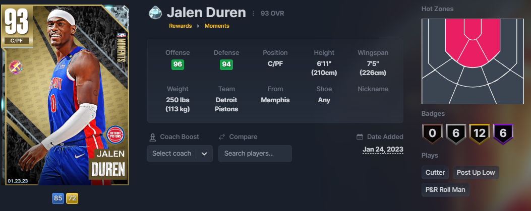 NBA 2K24 Jalen Duren's Diamond Moments card