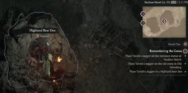 Place Tavish's dagger in a Highland Bear Den - Diablo 4