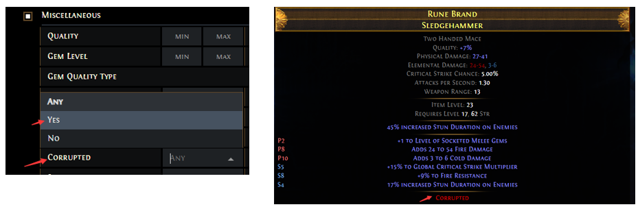 Search Corrupted Item from Path of Exile